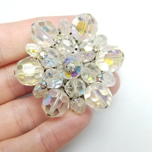Vintage Beaded AB Cluster Brooch, Flower Snowflake Shape Lapel Pin, Estate - Picture 6 of 6